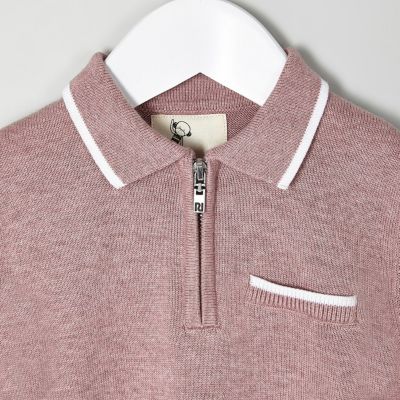 Mini boys pink knit tipped zip polo shirt